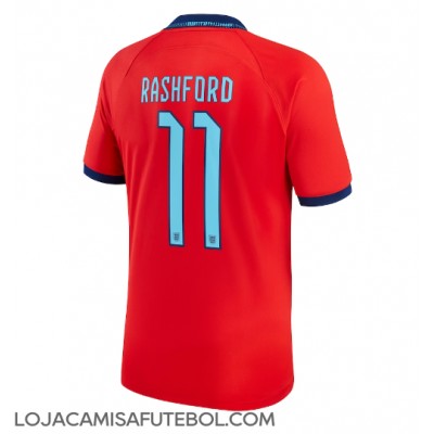 Camisa de Futebol Inglaterra Marcus Rashford #11 Equipamento Secundário Mundo 2022 Manga Curta